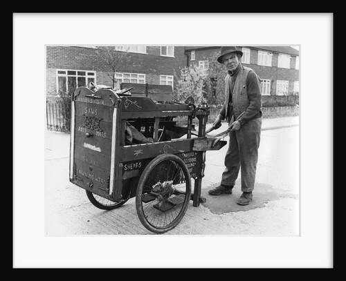 Gipsy knife-grinder with his handcart, Horley, Surrey, 1964 by Tony Boxall