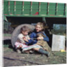 Two young gipsy girls playing with a dog, Charlwood, Newdigate area, Surrey, 1964 by Tony Boxall