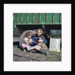 Two young gipsy girls playing with a dog, Charlwood, Newdigate area, Surrey, 1964 by Tony Boxall