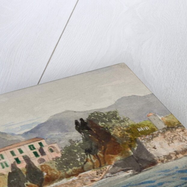 Rowing barge with the Borbone flag approaching a large house on the Neapolitan coast, with additions by Prince Gaetano Maria Federico di Borbone by Giacinto Gigante