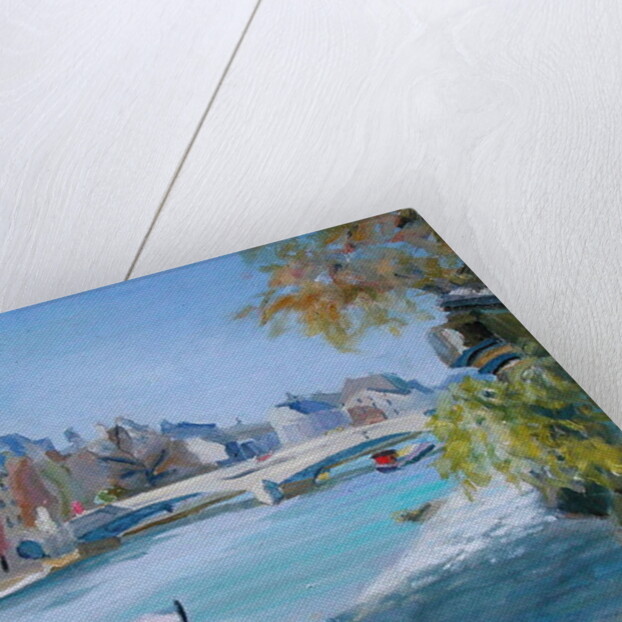 Barge sailing down the river Seine in Paris by Anne Durham