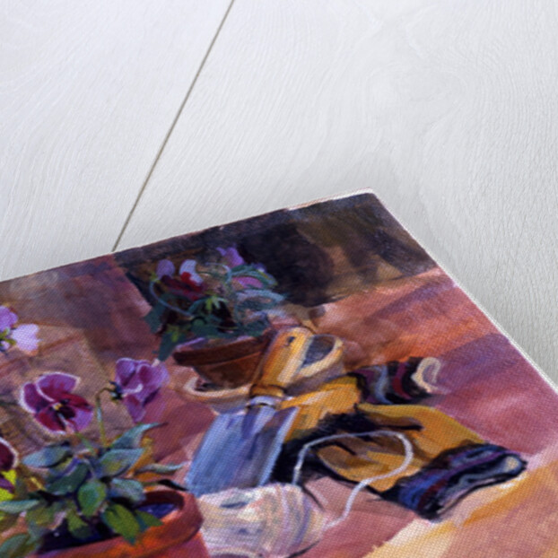 Potting up the pansies, 1996 by Sue Wales