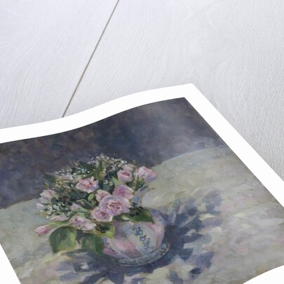 Pinks in stripey jug, 2013 by Sue Wales