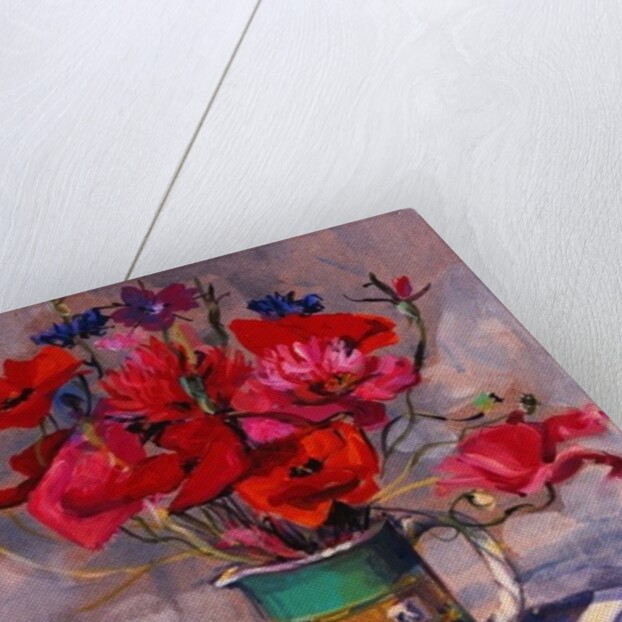 Poppies & cornflowers in green jug, 1994 by Sue Wales