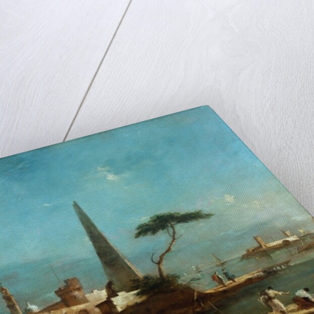 Obelisk beside the entrance to a walled harbour by Francesco Guardi