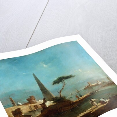 Obelisk beside the entrance to a walled harbour by Francesco Guardi