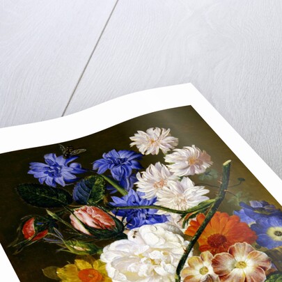 Roses, morning glory, narcissi, aster and other flowers in a basket, with eggs in a nest on a marble ledge, 1744 by Jan van Huysum