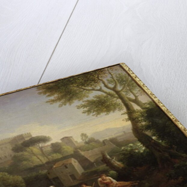 Landscape with figures and a fortress by a river by Jan Frans van Bloemen