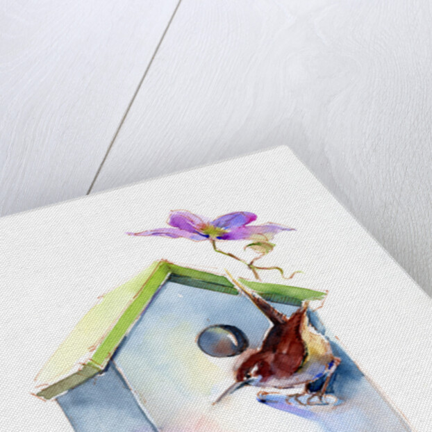 Wren with birdhouse and clematis, 2016 by John Keeling