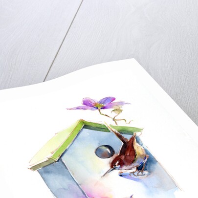 Wren with birdhouse and clematis, 2016 by John Keeling