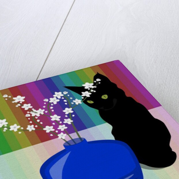 Blue Glass Vase with blossom and black cat, 2017 by Claire Huntley