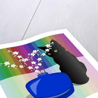 Blue Glass Vase with blossom and black cat, 2017 by Claire Huntley