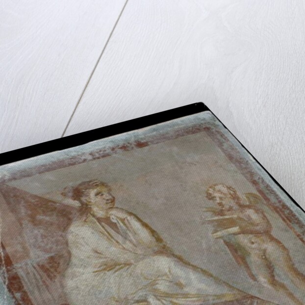 Framed vignette painted in fresco on a green wall: Cupid reveals the contents of a gilded box to a seated woman, 65-75 AD by Roman
