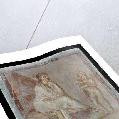 Framed vignette painted in fresco on a green wall: Cupid reveals the contents of a gilded box to a seated woman, 65-75 AD by Roman