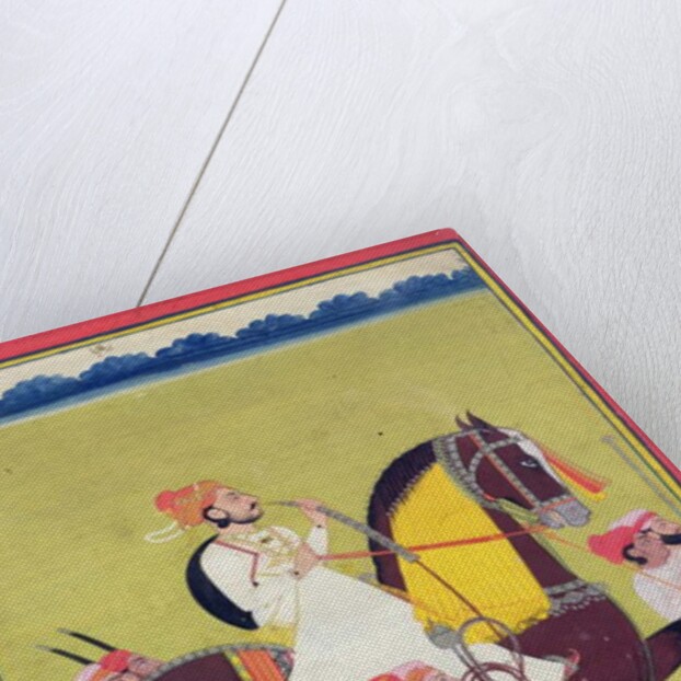 Portrait of Kumbhawat Kesari Singh of Asop, riding a horse, smoking a hookah and accompanied by attendants, Jodhpur, c.1810-20 by Indian School