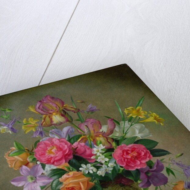 Peonies and irises in a ceramic vase by Albert Williams