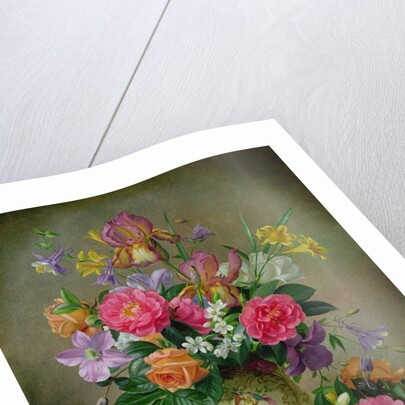 Peonies and irises in a ceramic vase by Albert Williams