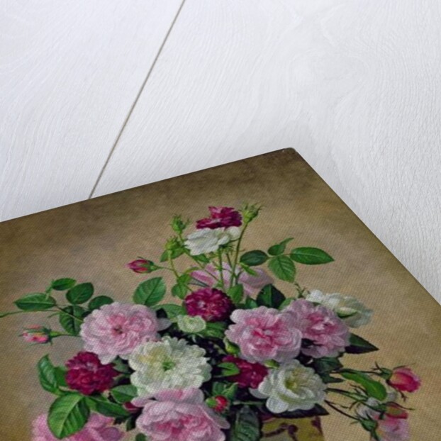 Roses and dahlias in a ceramic vase by Albert Williams