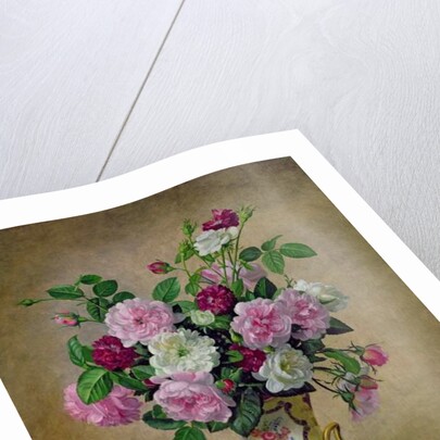 Roses and dahlias in a ceramic vase by Albert Williams