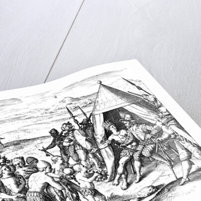 Sir Walter Raleigh trying to establish friendship with King Arromaia of Guiana by Jacques (d.1587/88) (after) Le Moyne