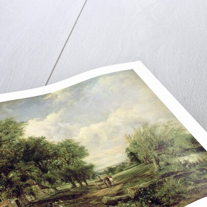 Wooded river landscape with a cottage and a horse drawn cart by Frederick Waters Watts