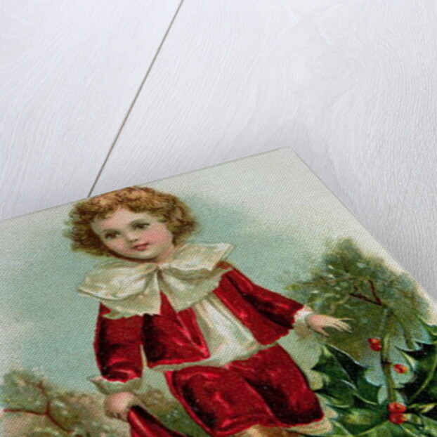 Victorian Christmas postcard depicting a boy in red in the snow by English School