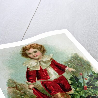 Victorian Christmas postcard depicting a boy in red in the snow by English School