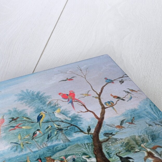 Tropical birds in a landscape by Jan van the Elder Kessel