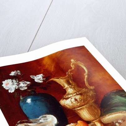 Still life of a gilt ewer, vase of flowers and a facon de Venise bowl by Antoine Vollon