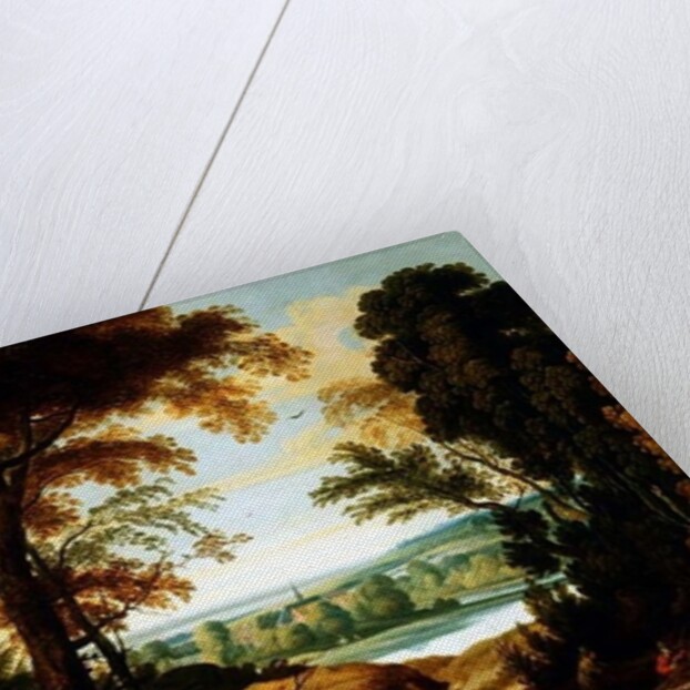 A wooded river landscape with figures on a road by Jan Wildens