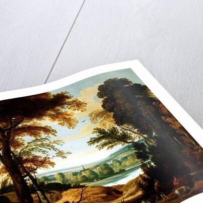 A wooded river landscape with figures on a road by Jan Wildens