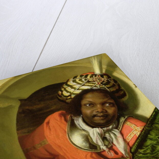 Portrait of a Moor holding a flag at a window by Bartholomaus Maton