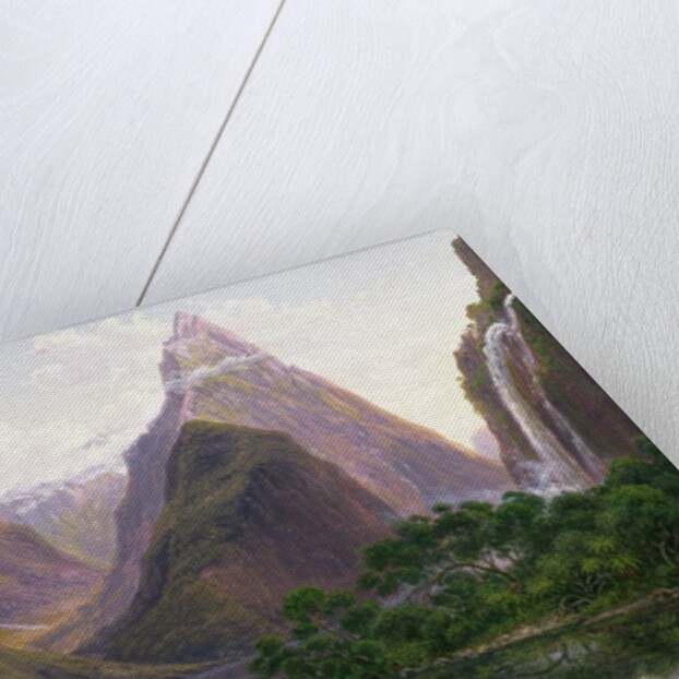 Native figures in a canoe at Milford Sound, West Coast of South Island, New Zealand, also depicted are Mitre Peak and Bowens Fall, 1892 by Eugen von Guerard
