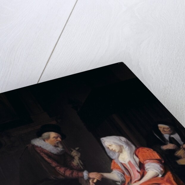 Doctor taking a young woman's pulse by Michiel van Musscher