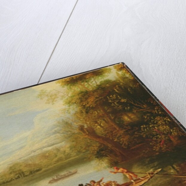 A landscape with a crowded ferry crossing the water in the foreground by Willem Schellinks