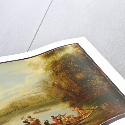 A landscape with a crowded ferry crossing the water in the foreground by Willem Schellinks