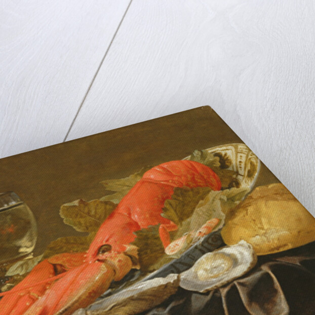 Still life with lobster, shrimp, roemer, oysters and bread by Christiaan Luykx or Luycks