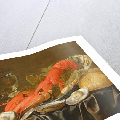 Still life with lobster, shrimp, roemer, oysters and bread by Christiaan Luykx or Luycks