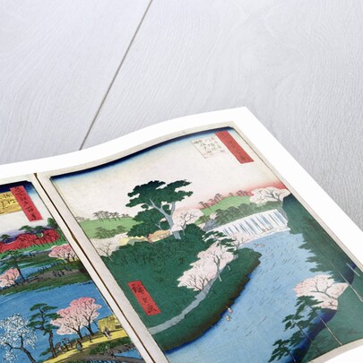 Along the riverbank, two views from '60-Odd Famous Views of the Provinces', pub. by Kosheihei in 1853, by Ando or Utagawa Hiroshige