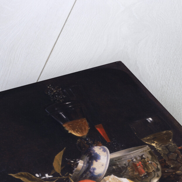 Still Life with Chinese Sugar Jar, Glass Goblet and Fruit by Willem Kalf