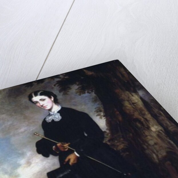 Young woman wearing a black riding habit and standing in a landscape by Francis Grant