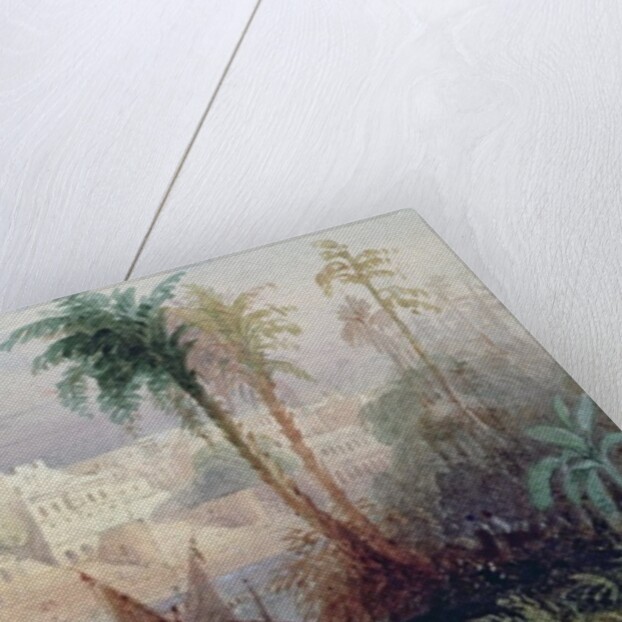 A View of an Indian city beside a river, with boats on the river and figures in the foreground by Thomas Allom