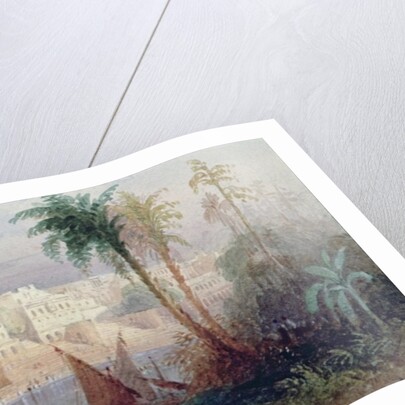 A View of an Indian city beside a river, with boats on the river and figures in the foreground by Thomas Allom