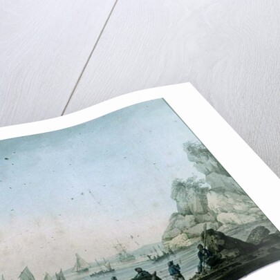 Marine View, with boat and figures on a shore by Samuel Atkins