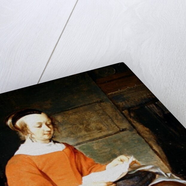 A young woman seated in an interior, reading a letter by Gabriel Metsu