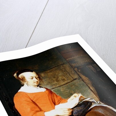 A young woman seated in an interior, reading a letter by Gabriel Metsu