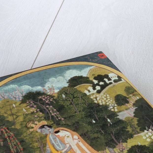 Radha and Krishna walking in a grove, Kangra, Himachal Pradesh, 1820-25 by School Pahari