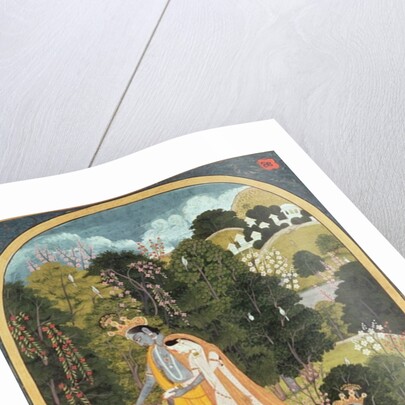 Radha and Krishna walking in a grove, Kangra, Himachal Pradesh, 1820-25 by School Pahari