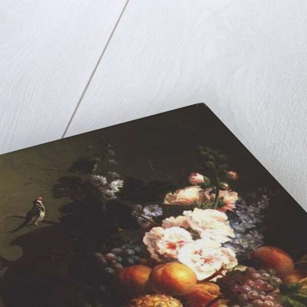 Still Life of Fruits and Flowers in a Wicker Basket on a Ledge. by Cornelis van Spaendonck