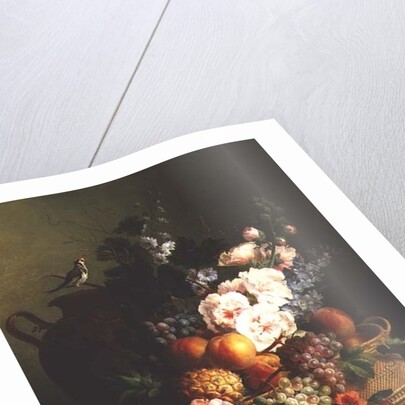 Still Life of Fruits and Flowers in a Wicker Basket on a Ledge. by Cornelis van Spaendonck